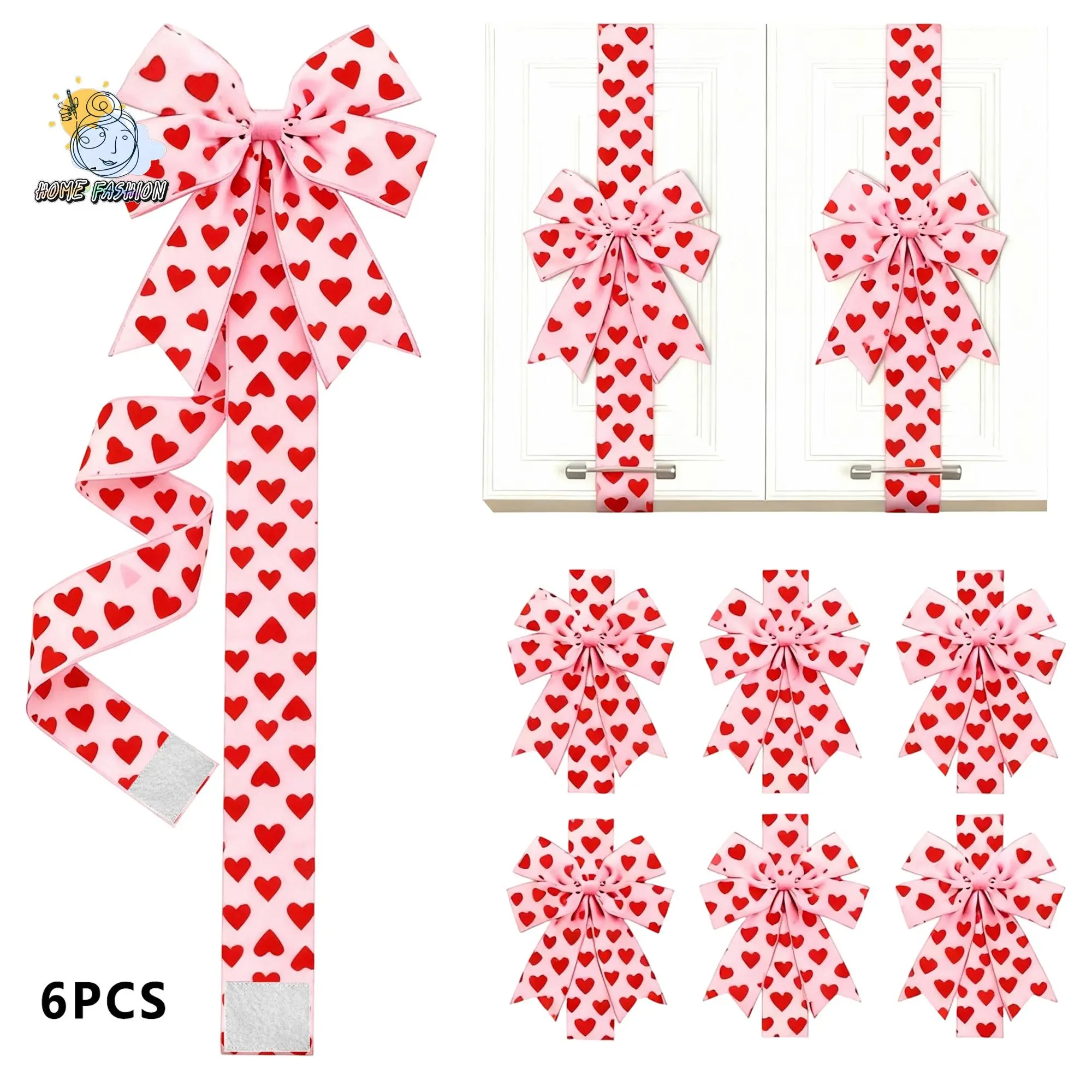 6 PCS Polyester Valentine's Day Cabinet Door Bows - Heart Print Big Ribbon Party Supplies Set, 78.74in Party Favor Gifts for Festive Decor