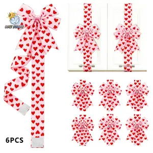 6 PCS Valentine's Day Cabinet Door Bows 6 Pcs Heart Print Big Ribbon Bows Party Supplies Set 78.74in