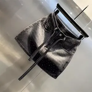 Women Stitched diamond Gradient Design Denim Half-length Skirt Fashionable Tough Chick Short Skirt Wide Hem Skirt Summer Spring Autumn Trendy Outfits