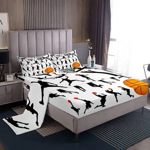 Basketball Print Bedding Sheet,Sports Theme Luxury Bedding Set,3D Ball Bed Sheets,Breathable Gift for Basketball Player Black White Bed Sheet Set