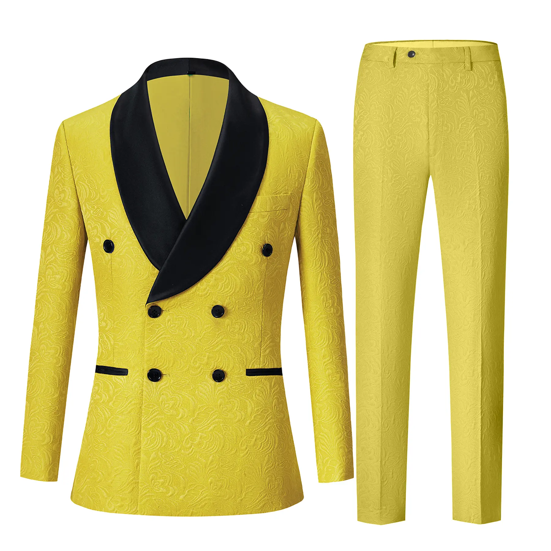 Jacquard pattern Mens 2 Piece Suit Slim Fit Double Breasted Solid Color Tuxedo Blazer Pants for Prom Wedding party Suit + Pants -Yellow suit jacket Slim Fit