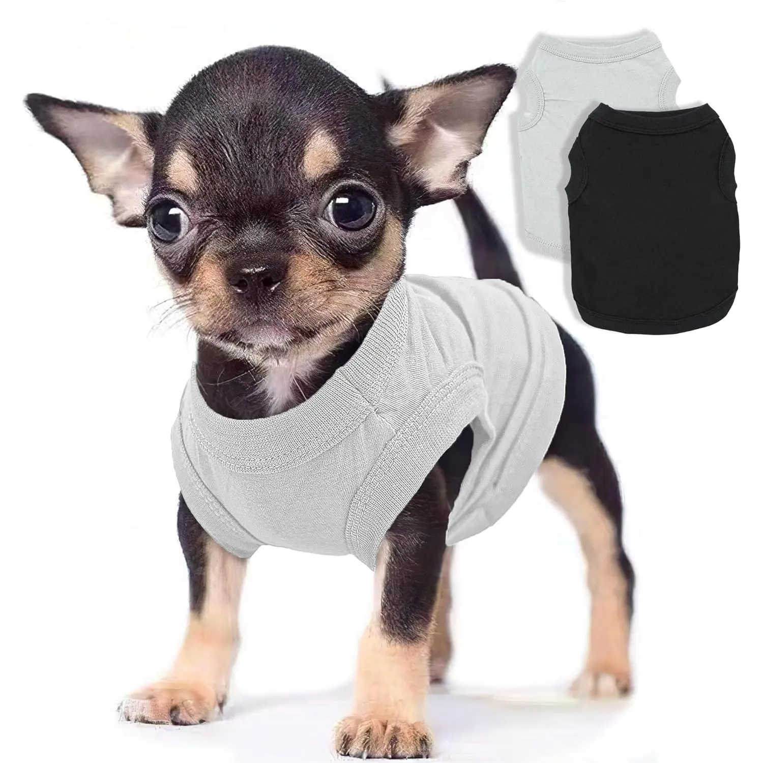 2-Pack  Shirts Summer  Clothes for Small Medium Dogs Boy, Teacup, Chihuahua, Yorkie, Pug and Cats, Solid Color Pet Tshirts Puppy Clothes, XXS, Black+ Grey
