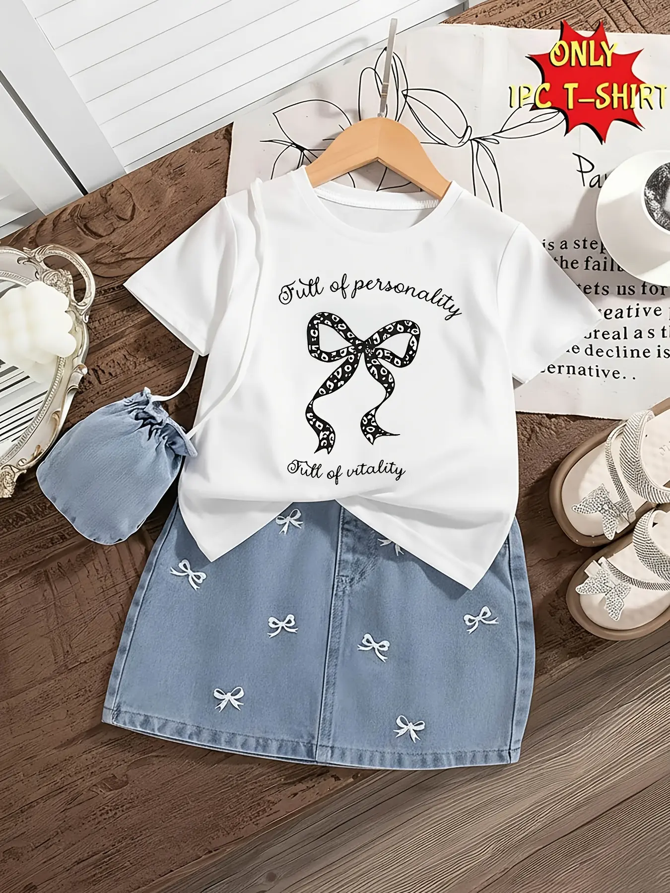 Toddler Girls Short Sleeve Cotton T-Shirt, Leopard Print Bow Letter Graphic Crew Neck Casual White Kids Summer Tee