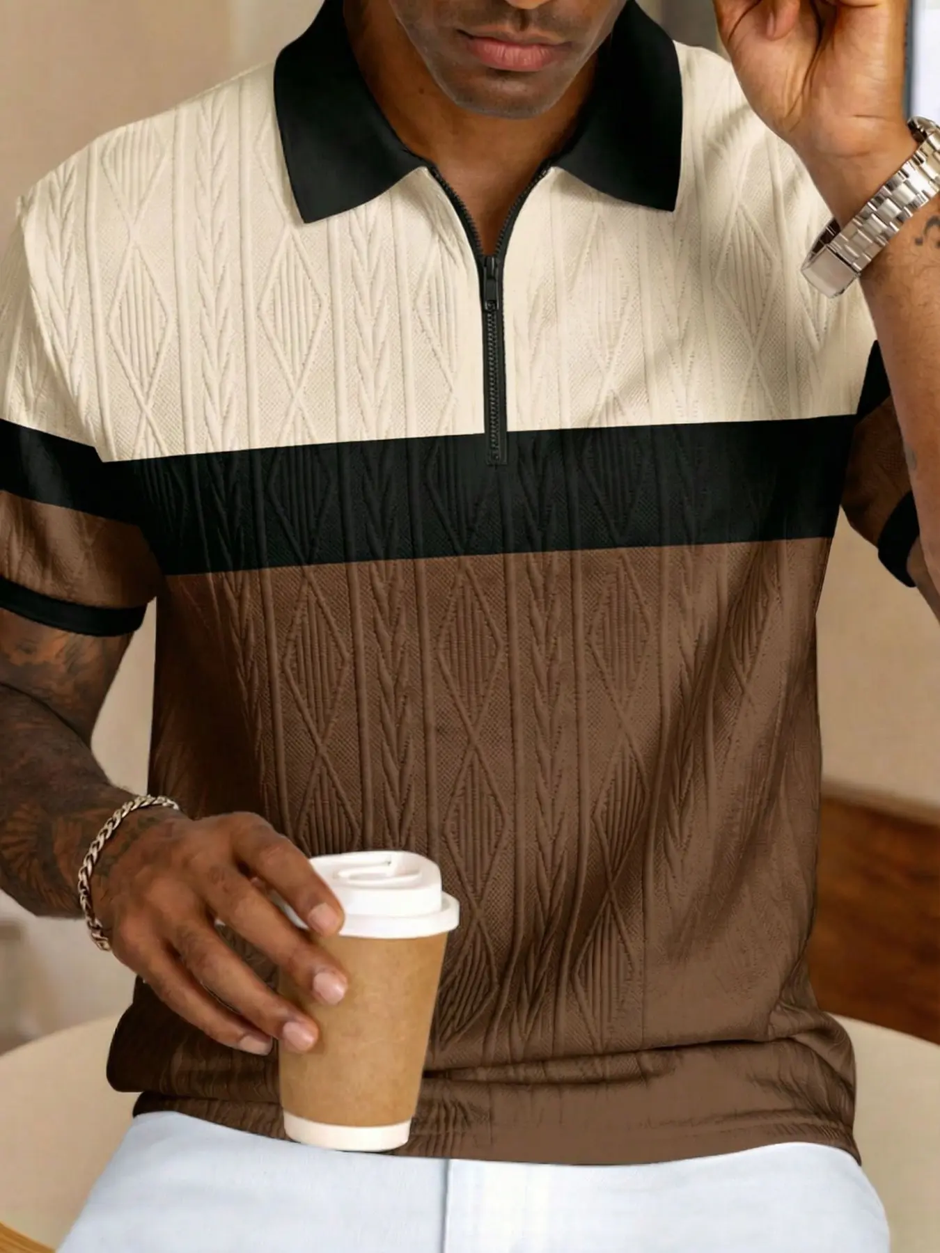 Men's Fashion Casual Fitted Textured Argyle Short Sleeve Polo Shirt, Lightweight Breathable, Perfect for Summer Daily Wear and Commuting Casual Polo Shirts Summer Polos