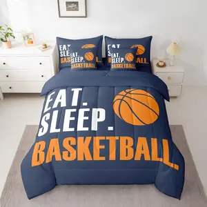 Feelyou 7-Piece 3D Basketball Bedding Comforter Set - Soft, Decorative Bedroom Bedding Set for Men - Blue Eat Sleep Basketball Bed-in-A-Bag, Decorative Bedding Set