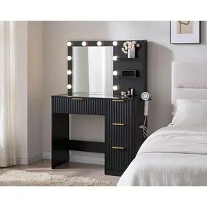 36.2" Fluted Vanity Desk With Mirror And Adjustable LED Lights, Large Makeup Vanity With 4 Drawers, Glass Top And Charging Station For Bedroom Or Dorm, Women And Girls, Natural Oak