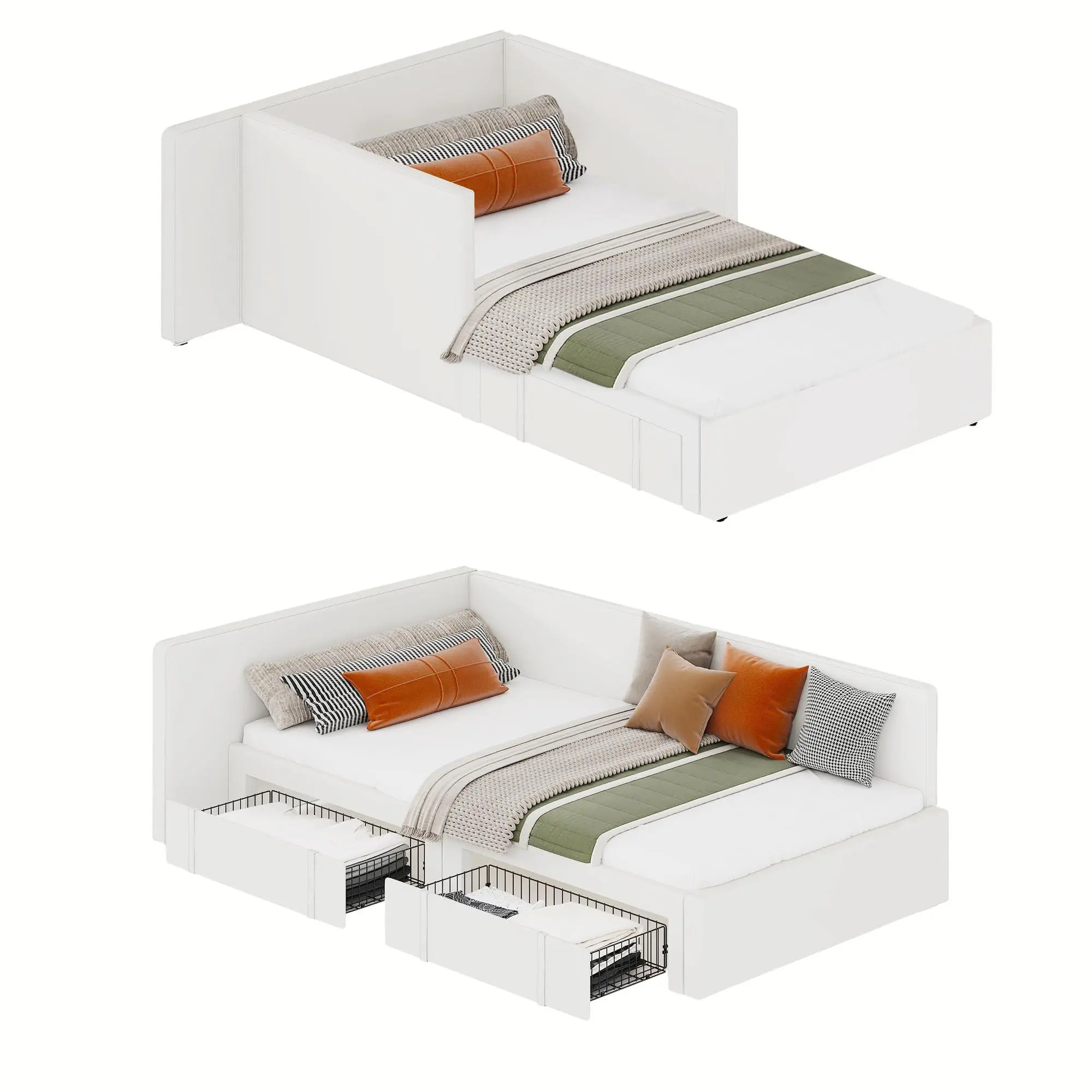 Twin Daybed with 2 Storage Drawers, Corner Bed Frame with Extended Headboard and Bed Rails, Velvet Upholstered Sofa Bed with Guardrail for Bedroom, Guest Room, Adjustable Installation, Beige