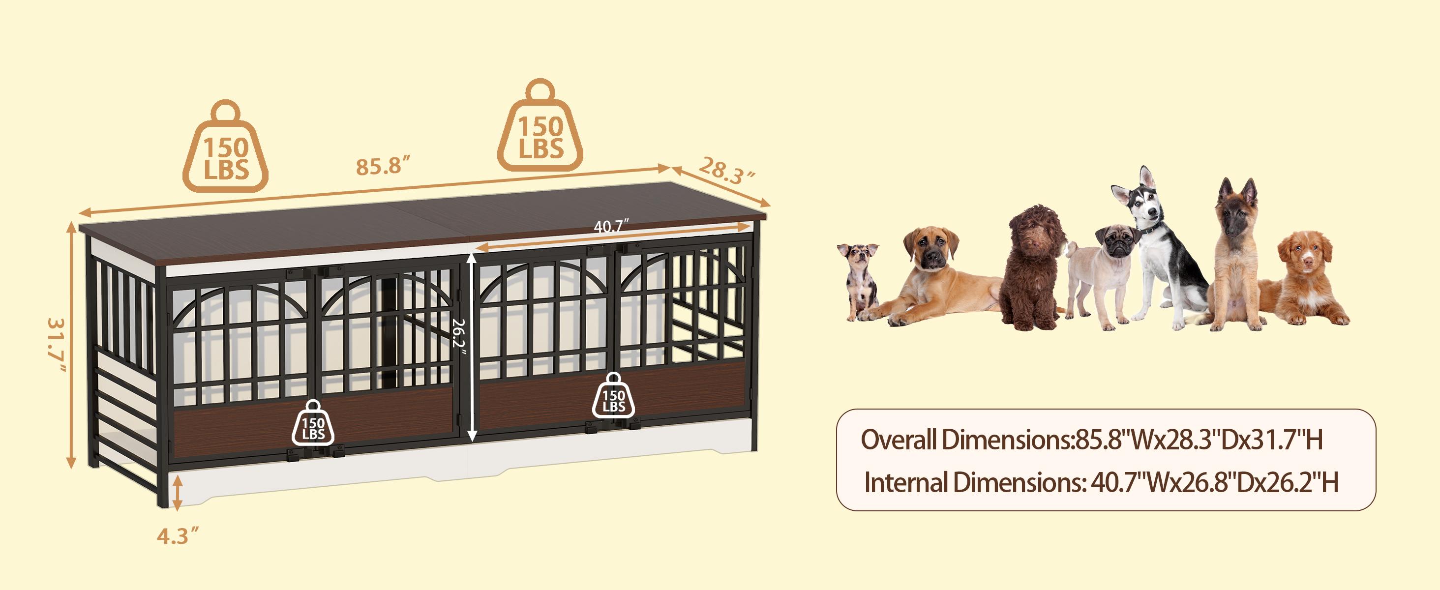 COZPAW 86 Inch Double Dog Crate Furniture for 2 Dogs, Decorative Dog Kennel Indoor TV Stand, Heavy Duty Wooden Dog Cage for Large Medium Dogs Sized Dog Pet House with Divider (Brown)