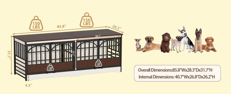 COZPAW 86 Inch Double Dog Crate Furniture for 2 Dogs, Decorative Dog Kennel Indoor TV Stand, Heavy Duty Wooden Dog Cage for Large Medium Dogs Sized Dog Pet House with Divider (Brown)
