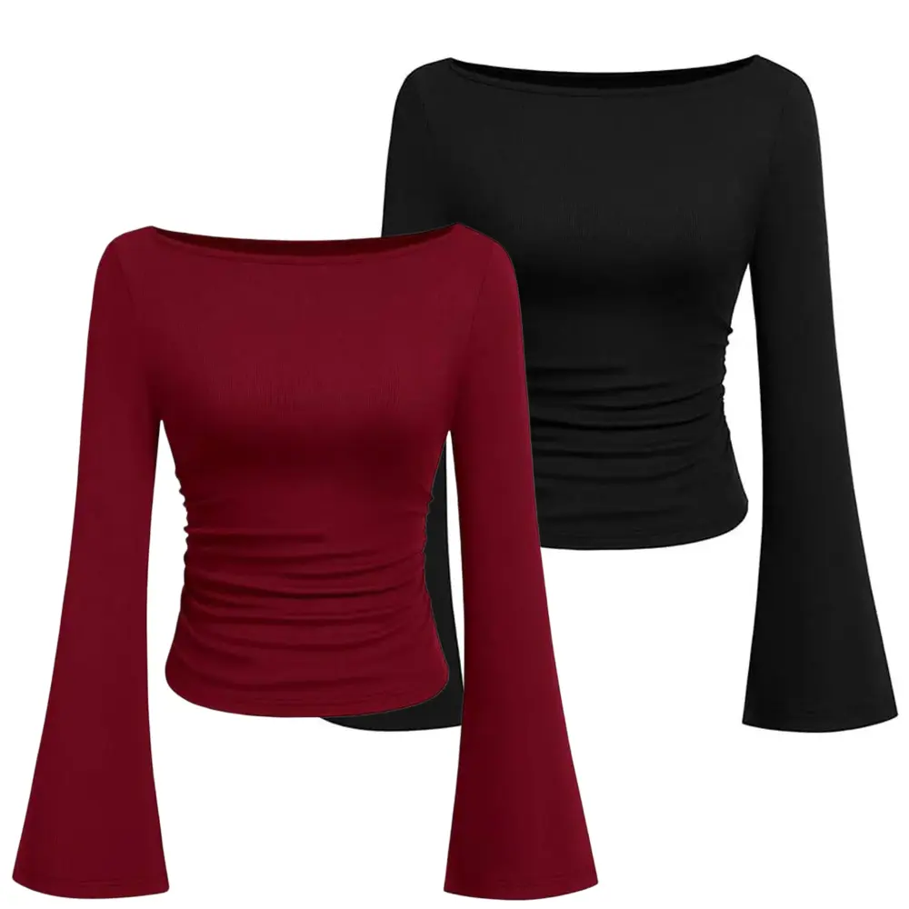 2 Pack Womens Bell Long Sleeve Tops Boat Neck Cinched Waist Crop Going Out Shirts | Cute Y2K ribbed knit crop top, ruched & cinched waist,flare sleeve, great for fall business casual and going out