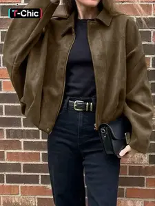 Women's Autumn-Winter Suede-Textured Loose-Fit Zip-Up Bomber Jacket, Stylish Turn-Down Collar Design for Casual Wear Outerwear Coats