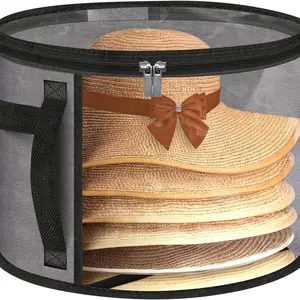 Transparent Fashion Hat Storage Bucket, Stackable Round Brim Hat Organizer, Visible Clothing Basket, Beach Hat Bag, Portable Zipper
