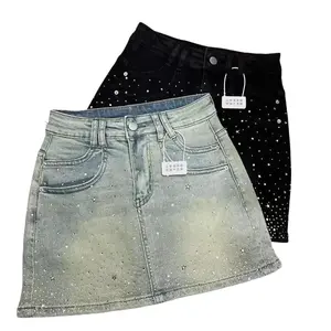 Hot Rhinestone Denim Skirt for Women 2026 Summer Retro Slimming A-Line Sheath Denim Skirt Womenswear Bottom Fit Bodysuit Vintage Adjustable, rhinestone and distressed design, niche bodycon skirt, super fairy-like short skirt
