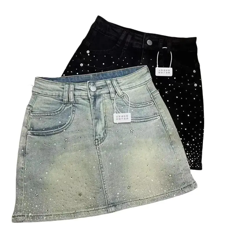 Hot Rhinestone Denim Skirt for Women 2026 Summer Retro Slimming A-Line Sheath Denim Skirt Womenswear Bottom Fit Bodysuit Vintage Adjustable, rhinestone and distressed design, niche bodycon skirt, super fairy-like short skirt