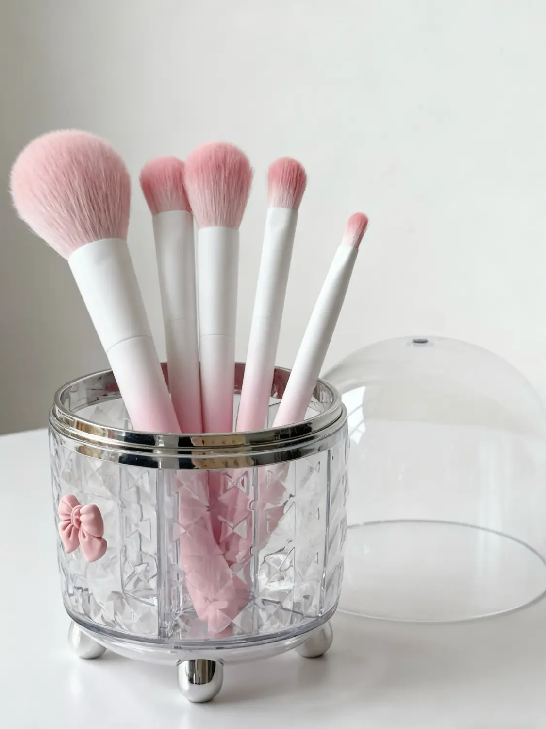 Feminine Eco-Friendly Crystal Look Makeup Cosmetic Organizer, 2-Piece Round Base+Lid Dustproof Rotator Box with 360° Quick Access Smooth Rotation, Single-Lid Design, DIY Bow Decoration for Vanity Organization