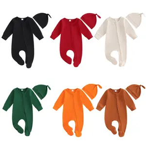 Newborn Baby Girl Boy Footed Pjajamas Romper Long Sleeve Soild Color Zipper Cotton Footie Jumpsuit With Hat Fall Outfit