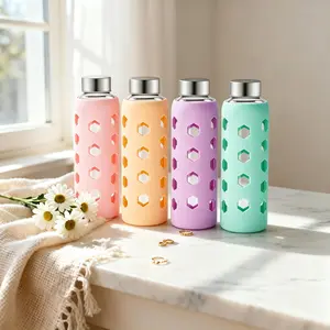 Mrsdry 4-Pack 18oz Reusable Glass Drinking Bottles - Compact, Drop-Resistant, BPA-Free, Leak-Proof Airtight Caps, Silicone Sleeves, Multiple Colors, Coldbrew Bottles for Juicing, Refrigerator, Gift Set, Drinking Bottle, Compact Water Bottles Drinkware Mug