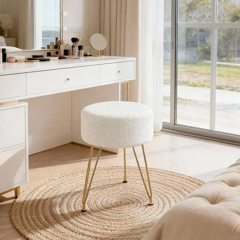 Round Ottoman, Makeup Cute Soft Small Footstool, Modern Style Faux Fur Seat with 3 Metal Legs for Dressing, Living Room Bedroom Dorm, Beige