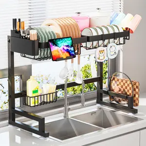 Over-The-Sink Dish Drying Rack, Expandable 2-Tier Kitchen Organizer with Snap-On Design, Large Capacity Space-Saving Dish Rack for Small Kitchens