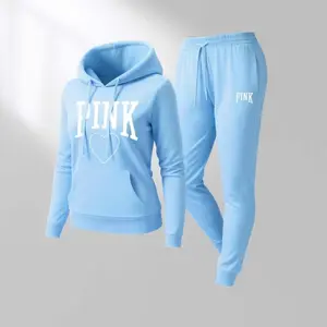 Women's Pink Heart Print  Hoodie And Drawstring Track Pants Set, Casual Sportswear, Long-Sleeved Hooded Jacket And Pants, Suitable For Autumn And Winter, Everyday Wear, Indoor And Outdoor Sportswear, Casual Sportswear.