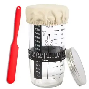 Sourdough Starter Kit for Homemade Bread:  Glass Sour dough Starter Jar with Date Marked Feeding Band, Thermometer, Silicone Spatula, Metal Lid & Cloth Cover for Perfect Bread Baking