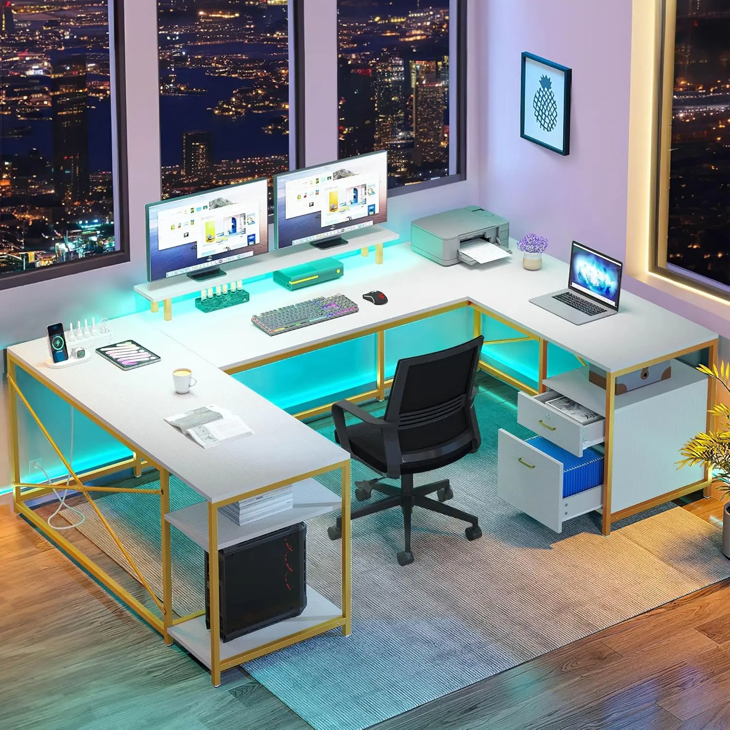 U Shaped Desk with Drawers, 79" Reversible L Shaped Desk with Power Outlets & LED Lights, Corner Computer Desk with Monitor Stand & Storage Shelves, White & Gold