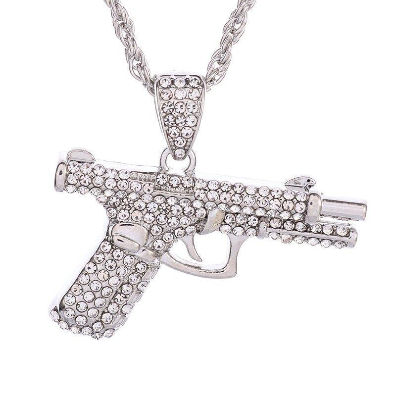 Bling Iced-Out Pistol Pendant Necklace for Men, Hip Hop Street Style Jewelry, Rhinestone Inlay Statement Accessory