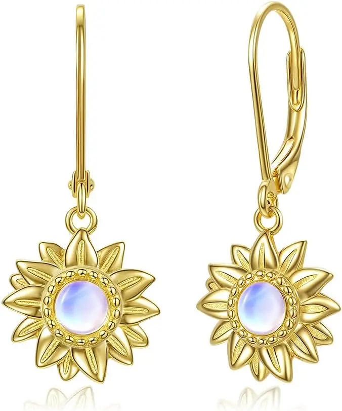 Sunflower Earrings for Women, 14K Gold Plated 925 Sterling Silver Moonstone Dangle Drop Hypoallergenic Leverback, Cute Flower Jewelry Anniversary Christmas Birthday Gifts for Wife Daughter Mom Friends