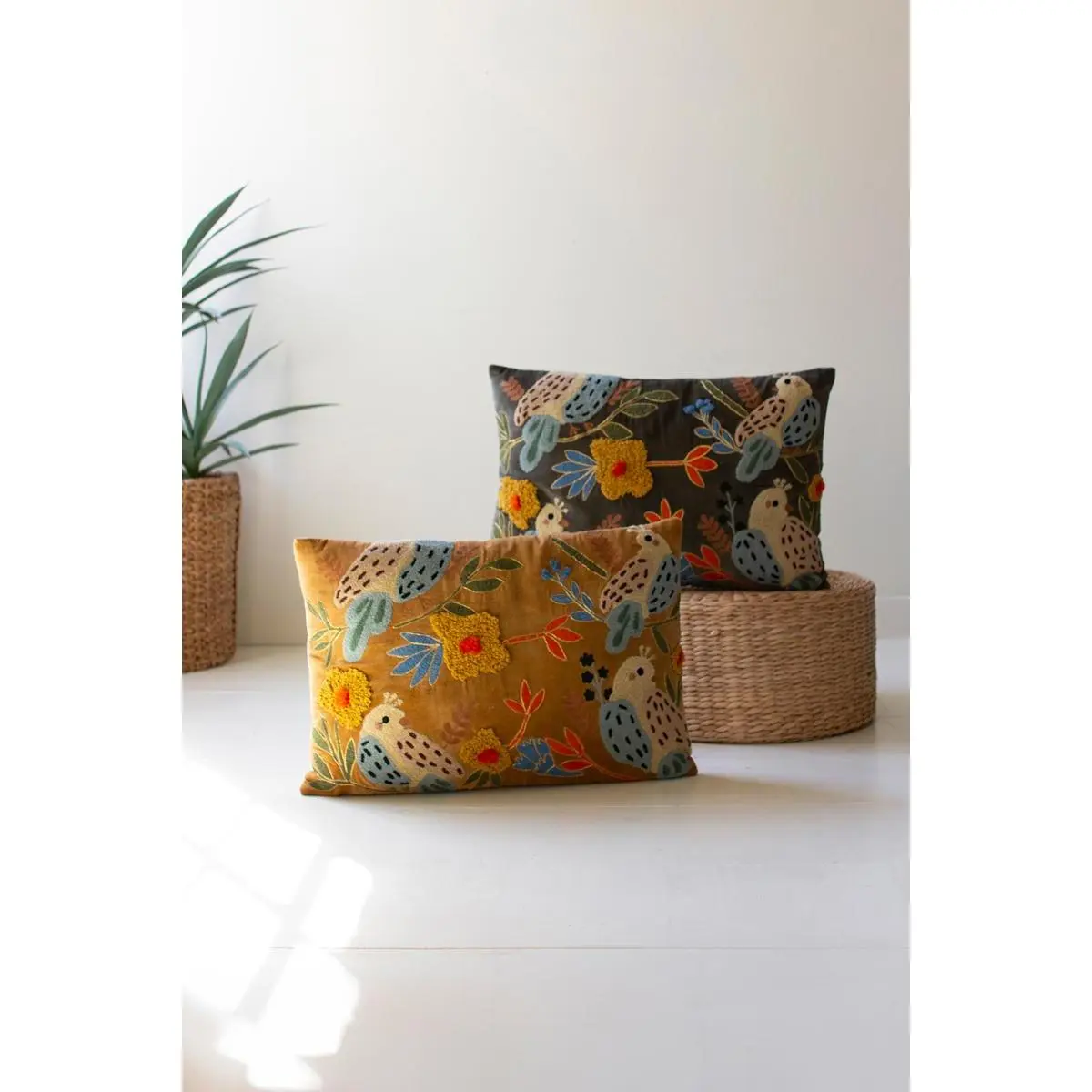 Set Of Two Embroidery Pillows With Birds - One Each Color