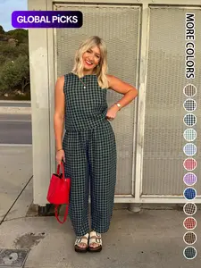 Summer New Women's 2 Piece Set Womenswear Cotton Plaid Sleeveless Crop Top Loose Fit Pocket Nine-Tenths Pants, Beach Vacation Casual Daily Wear