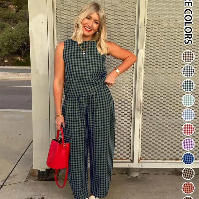 Summer New Women's 2 Piece Set Suits Womenswear Plaid Oversized Sleeveless Crop Top Loose Fit Pocket Nine-Tenths Pants, Beach Vacation Casual Daily Wear Clothes Matching Set Outfit Summer Matching Sets #GLOBAL PICKS