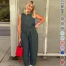 Summer New Women's 2 Piece Set Suits Womenswear Plaid Oversized Sleeveless Crop Top Loose Fit Pocket Nine-Tenths Pants, Beach Vacation Casual Daily Wear Clothes Matching Set Outfit Summer Matching Sets #GLOBAL PICKS