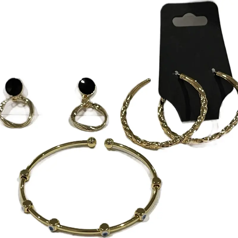 Jewelry Bundle - Gold-Tone Hoop Earrings & Bangle Set with Black Beads for Women