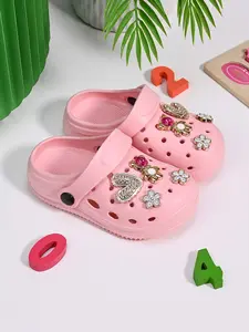 Summer New Plain Holey Shoes, Cute Thick Sole Anti-Slip Beach Resort Pool Party Sandals, Bear Flower Heart Decor, Princess Style Girl Slippers