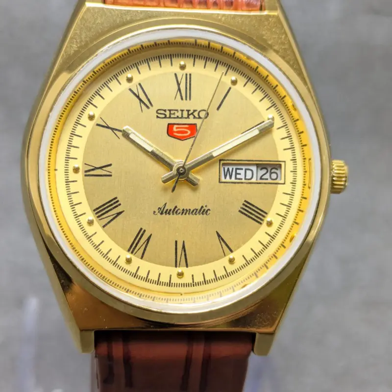 Vintage Seiko 5 Automatic Watch - Champagne Roman Numeral Dial & Leather Strap