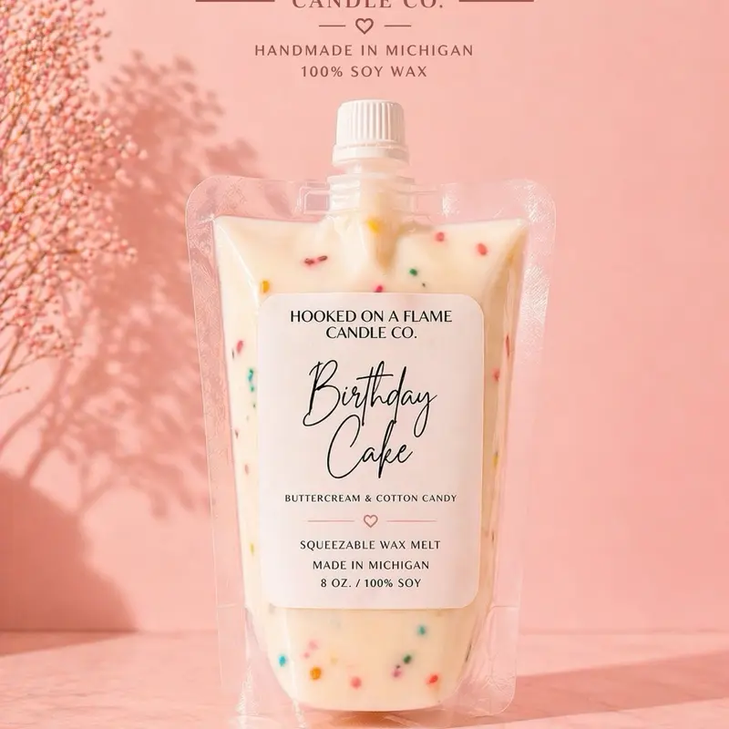 Hooked on a Flame Candle Co. Birthday Cake Squeezeable Wax Melt 8 oz 100% Soy Buttercream & Cotton Candy Handmade in Michigan