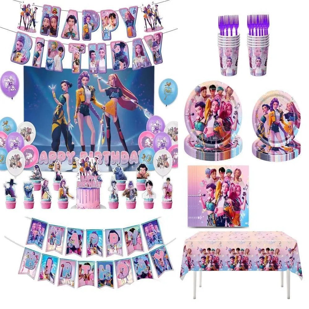 K-Pop Devil Comics themed birthday surprise set includes paper plates, paper cups, tissues, a tablecloth, and a birthday banner backdrop, making it the perfect gift for friends and a party decoration.