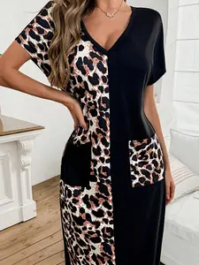 Sexy Leopard Print V-Neck T-Shirt Dress for Women, Casual Mid-Length Home Sleepwear, Comfortable and Stylish Nightgown