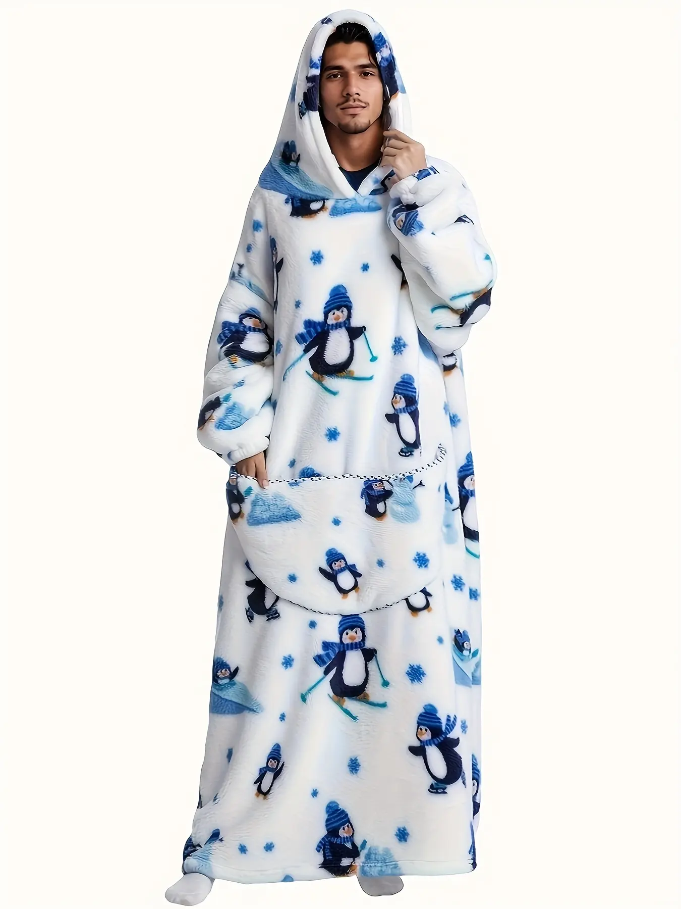 1PCS Men's Winter Penguin Flannel Pajamas Set, Casual Loose-Fit Home Wear, Cartoon Animal Design, Christmas Gift Idea