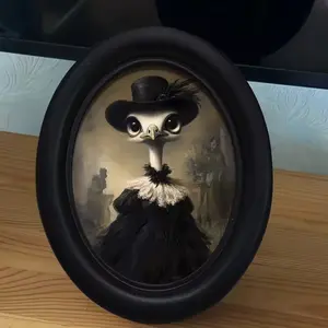 [2D Flat] 1pc Gothic Victorian Owl Lady - Dark Ostrich in Victorian Attire, 6.8x8.7 Inch Oval Wooden Wall Decor, Ideal for Home & Office, Perfect for Halloween & Holiday Decor, Owl Home Decor