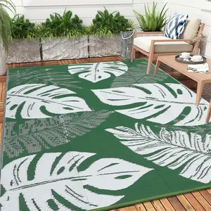 GARVEE Waterproof 9x12 Outdoor Rug for Patio Reversible Plastic Straw Rug Leaves Camping Carpet with Carry Bag, Stain & UV Resistant Portable RV Carpet for Camper Deck Balcony Porch Beach Picnic Green