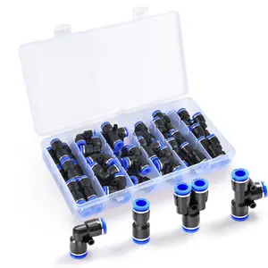 Pneumatic 1/4 Inch (Approx. 0.6 cm) OD Press Connection Fittings Pneumatic Fitting Kit 10 Dispensers + 10 Elbows + 10 T-Shirts + 10 Straight (40 Pcs)
