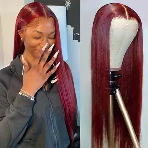 99J Burgundy Straight Colored Wig 13x6 HD Lace Frontal Wig Brazilian Human Hair Wigs For Women PrePlucked Premium Red Peruvian Straight Human Hair Wig 180%  Density