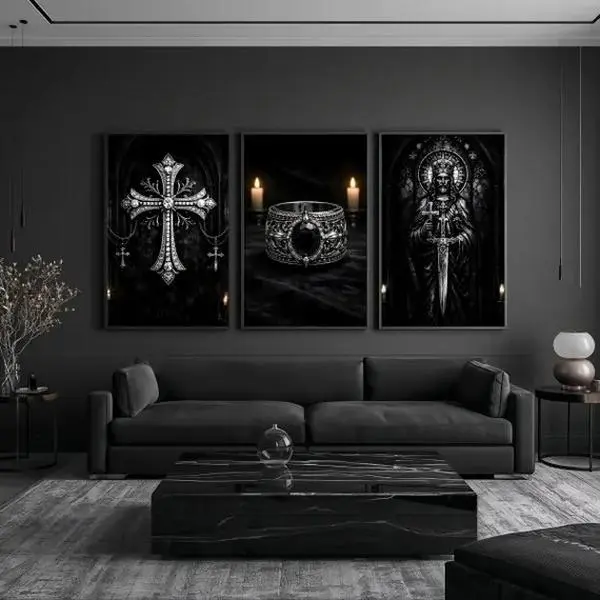 Chrome Hearts Hypebeast Wall Art Poster Set of 3 - Dark Gothic Chrome Cross Prints, Black Silver Luxury Home Decor, Dark Religious Wall Decor Posters