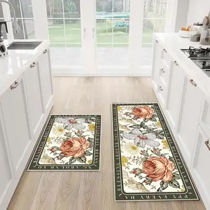 Floral Pattern Kitchen Mat,  2 Counts/set Non-slip Absorbent Kitchen Rug, Easy To Clean Carpet for Home, Office, Laundry, Desk