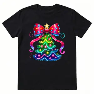 Women'S Plus Size Christmas T-Shirt - Black with Multicolor Tree Graphic - Breathable Everyday & Holiday Party Top - Non-See-Through Fabric - Casual Holiday Outfit for Christmas, New Year'S Eve