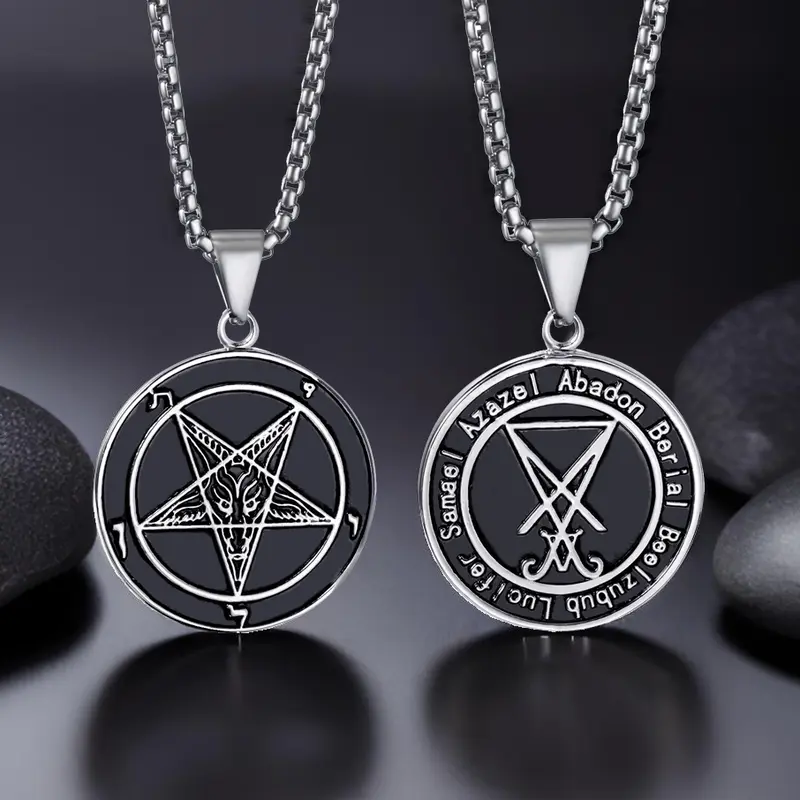 Unisex Gothic Aesthetic Stainless Steel Inverted Pentagram Pendant Necklace - Baphomet Goat Lucifer Sigil Design, Double-Sided Chain Jewelry Necklaces, 22"+2" Chain, Tarnish-Free Halloween Gifts for Adults, Daily Wear Accessory