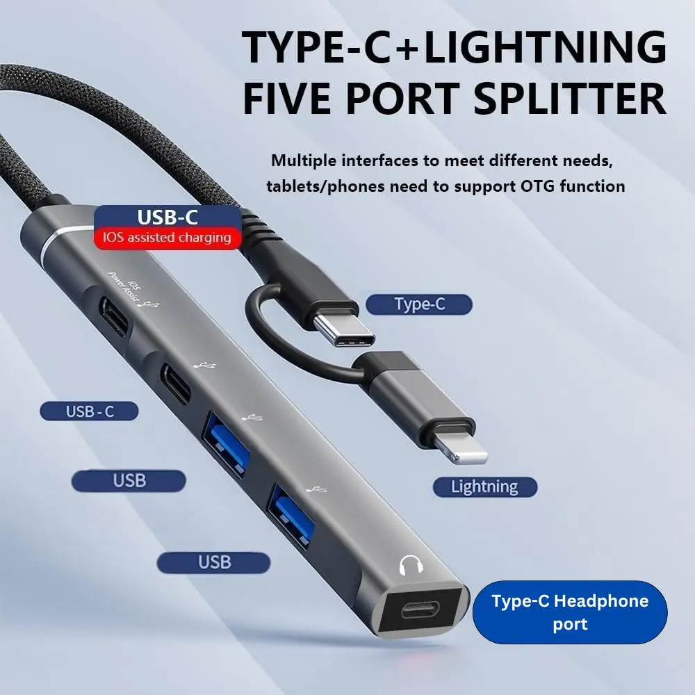 5-in-1 Multi-Function USB Hub Station with Type-C Headset Port, Lightning & USB-C Adapter, Multiple USB-A Slots, Plug-and-Play Portable Hub for Device Connectivity