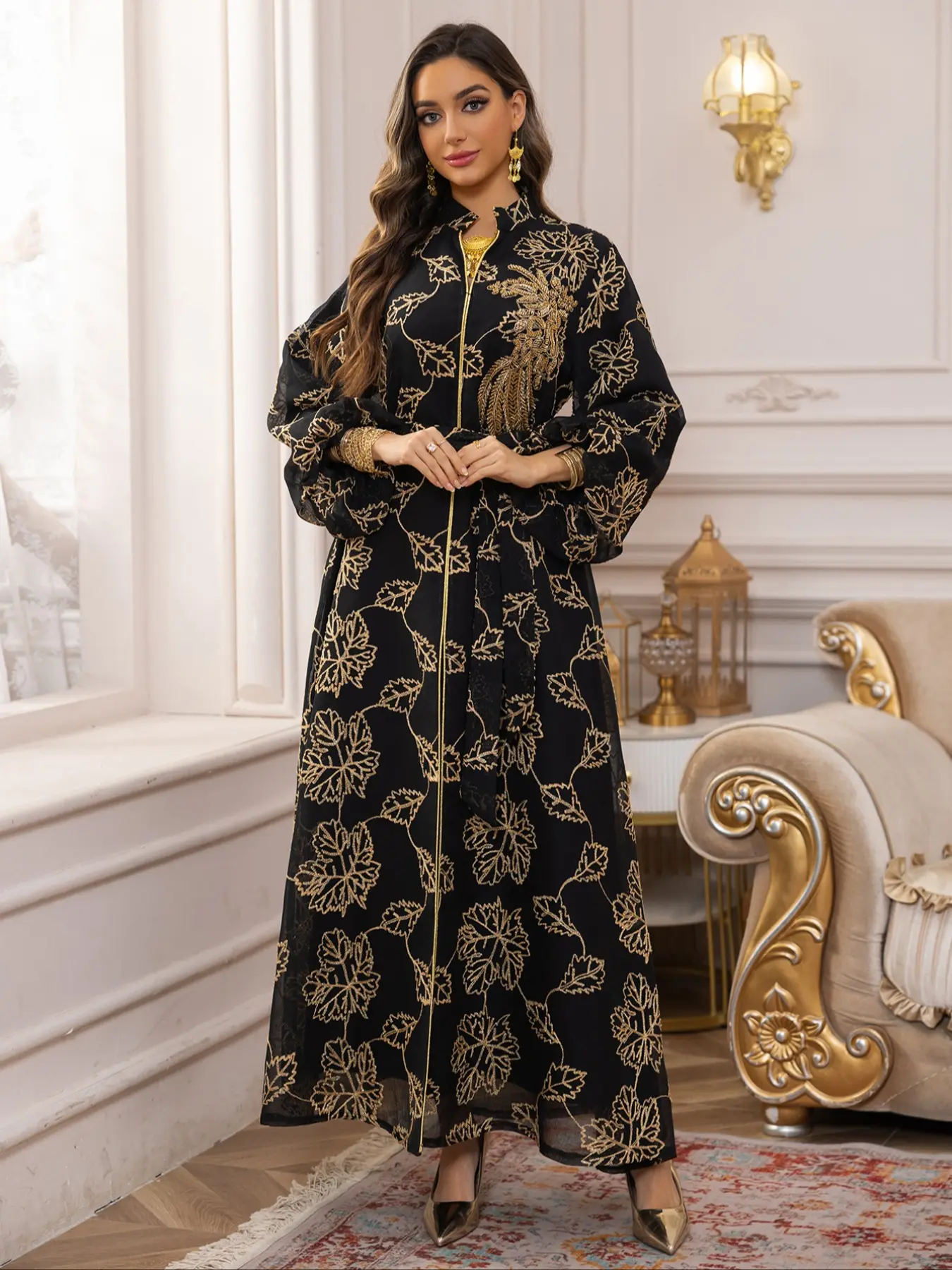 Elegant Embroidered Mesh Abaya Dress for Muslim Women, Abayas for Eid, Perfect for Ramadan and Eid, Loose Fit with Moderate Thickness, Muslim Clothing, Embroidery Abaya