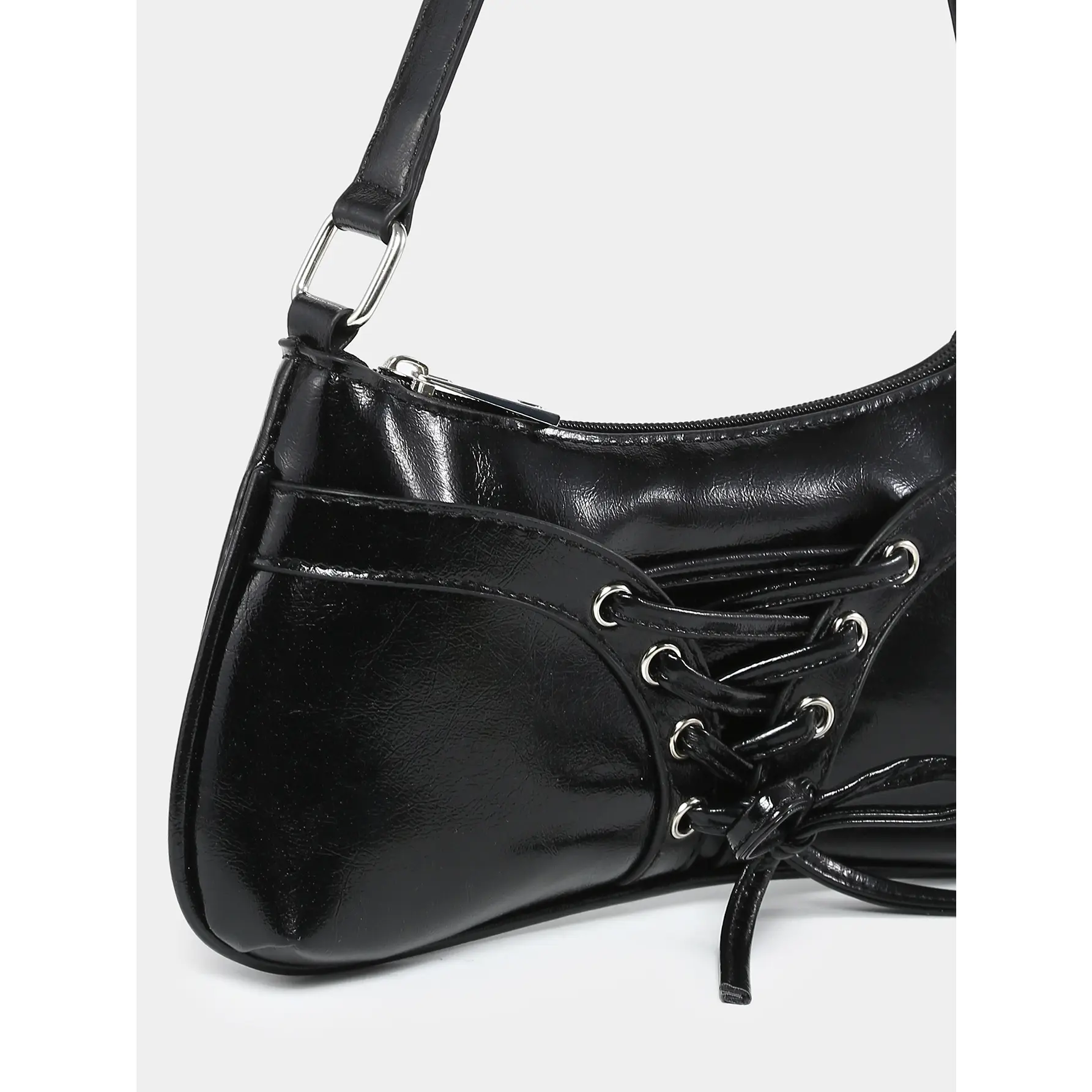 Y2K Style Shiny Black Shoulder Bag – Lace-Up Corset Detail